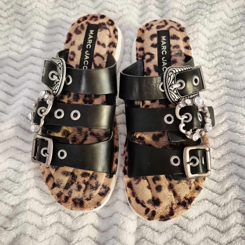 Marc Jacobs Edgy Leopard Print Sandals with Rhinestone Straps - Picture 3 of 10